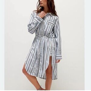 WE THE FREE POP PREP STRIPE SHIRT MIDI DRESS DUSTER BLUE/WHITE LONG SLEEVE XS